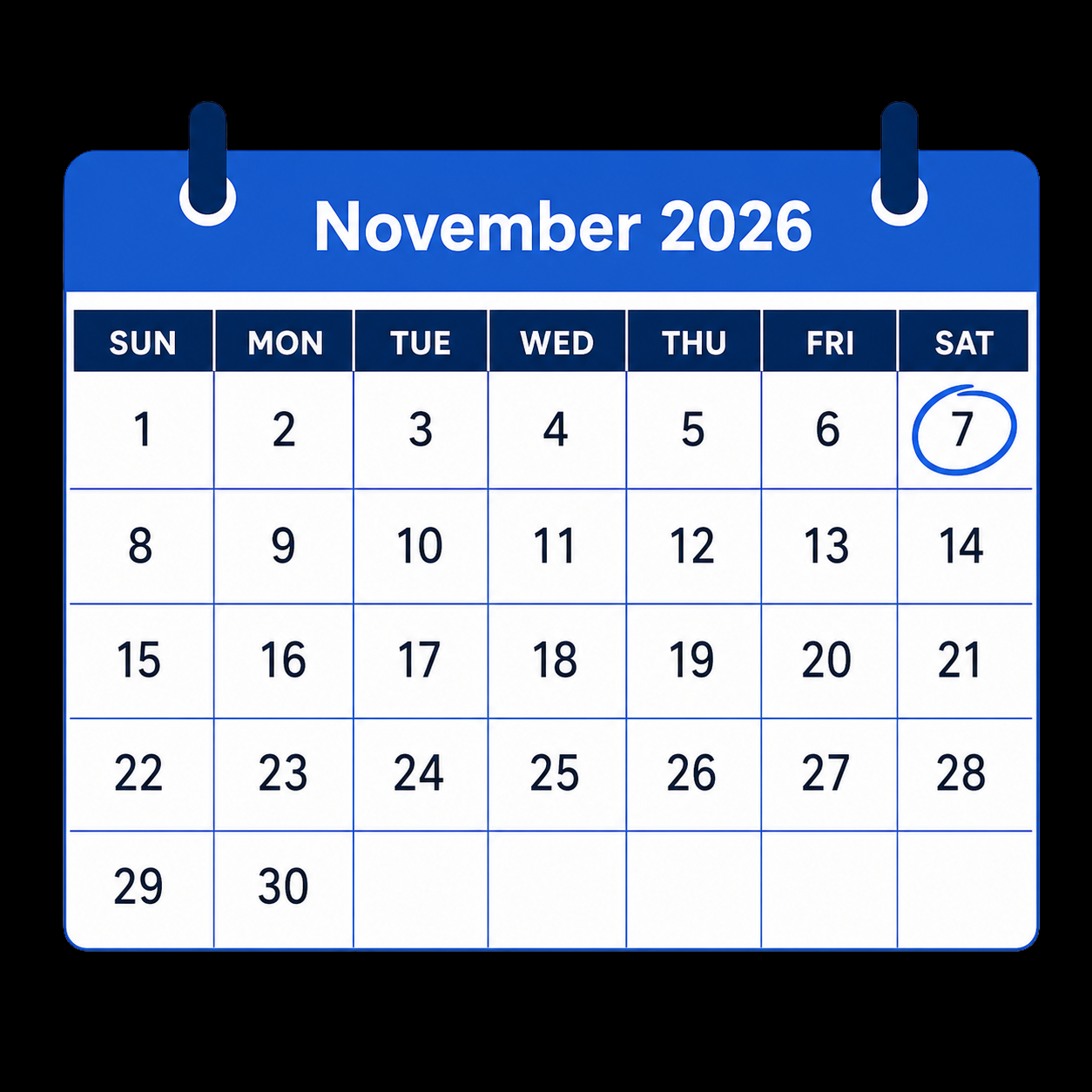 November 2026 Calendar With Circle On 7th November 2026 Calendar With Circle On 7th