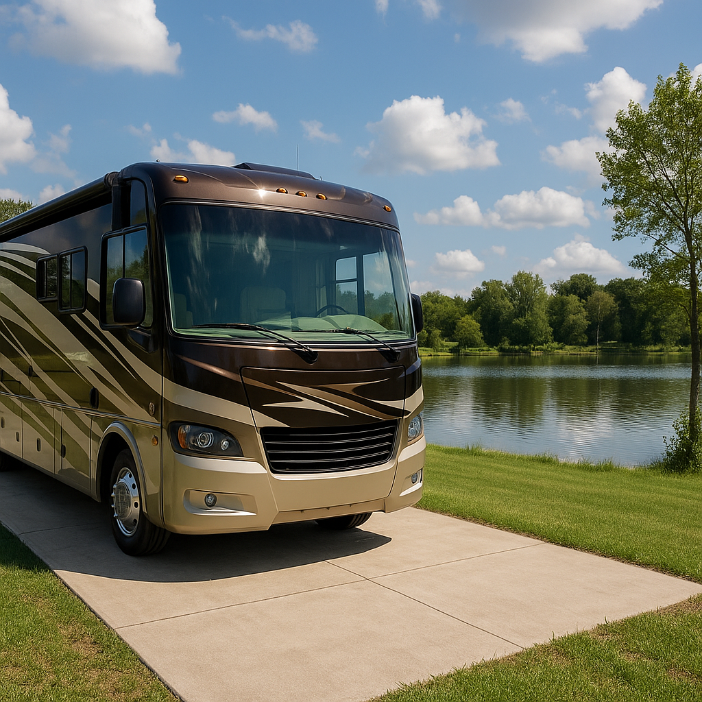 a class A RV on a concrete pad near a small lake-1